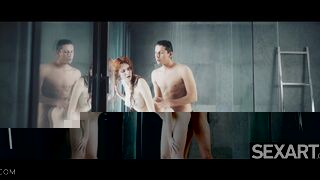 Sexy redhead gives a hot blowjob then fucks her man in the shower
